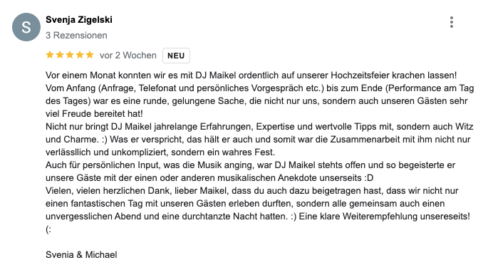 Bewertung von Sarah & Lukas Hochzeitsfeier Der Alte Auf DJ Maikel